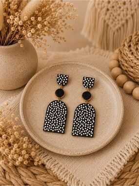 Kinsley Armelle Midnight Confetti Statement Earrings | Black Druzy & Polka Dot